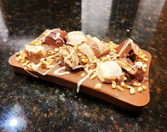 Tempered Belgian Chocolate Slab with Kinder Bueno topping